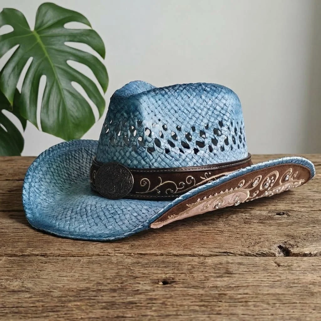 ins Handpaint Hollow Straw Cowboy Hat Women Vintage sun hat Concho Band Underbrim Embroidery Western Rodeo Panama Sun Caps