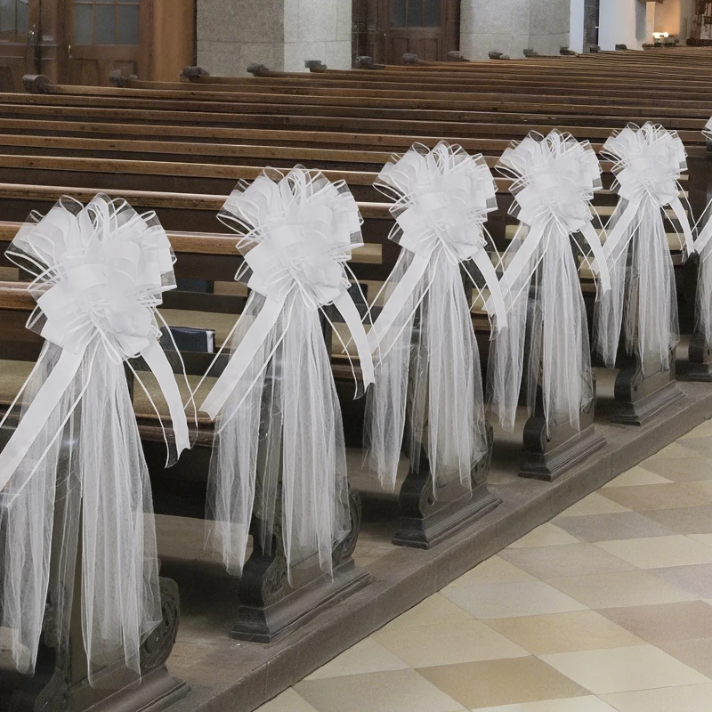 Large White Wedding Bows With Long Tulle Tails For Wedding Church Chair Aisle Decor Wedding Car Decoration Party Decoration view 5