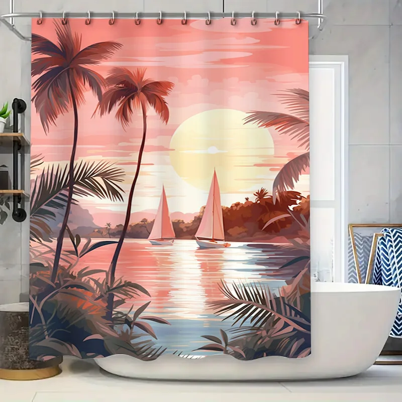 

Закат, пальма, парусник, занавеска для душа, розовые и коралловые декоративные занавески для душа для ванных комнат, современные аксессуары для украшения дома