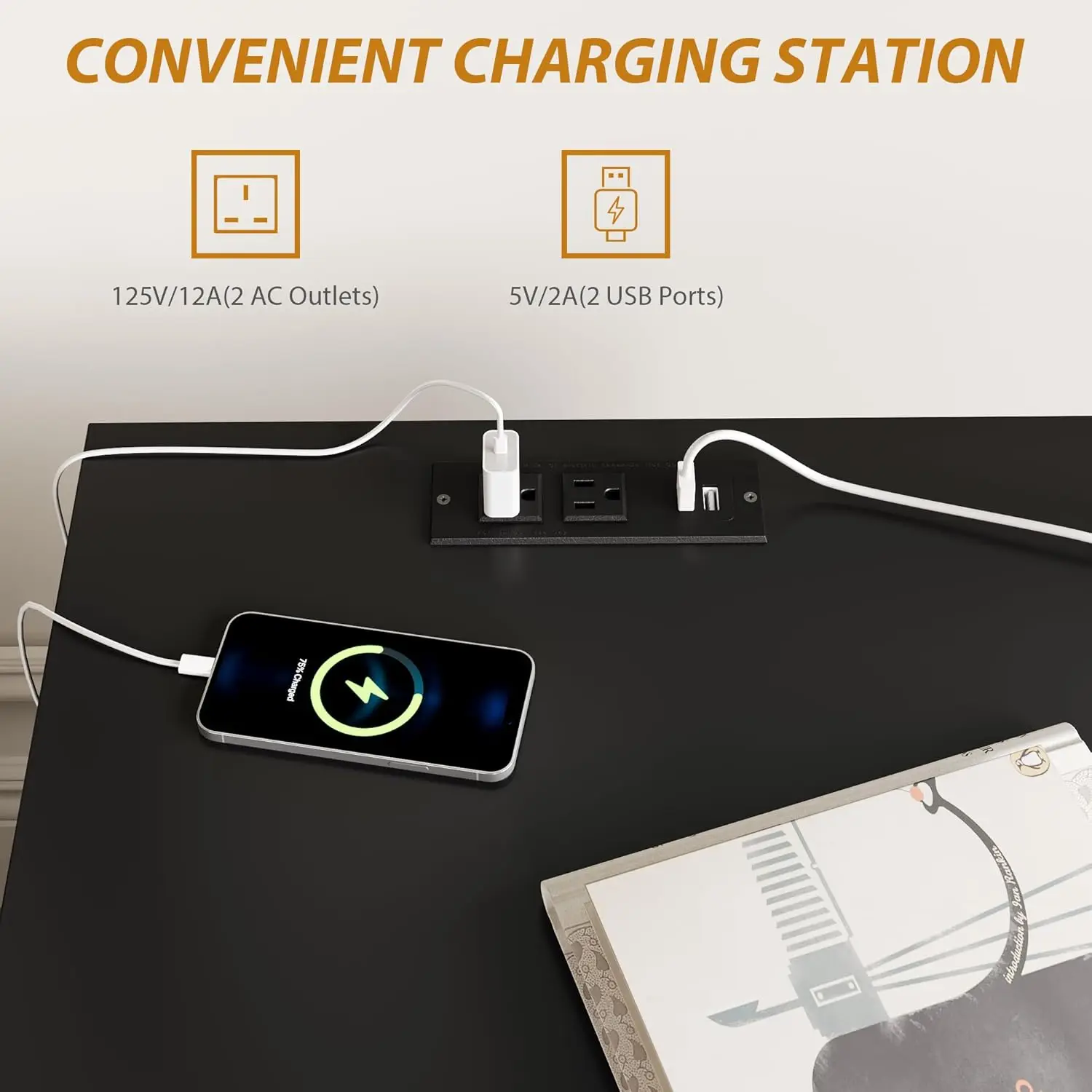 مجموعة منضدة سوداء مكونة من قطعتين مع منافذ USB ومنافذ طاقة وشرائح صامتة، 26 بوصة ارتفاعًا #6