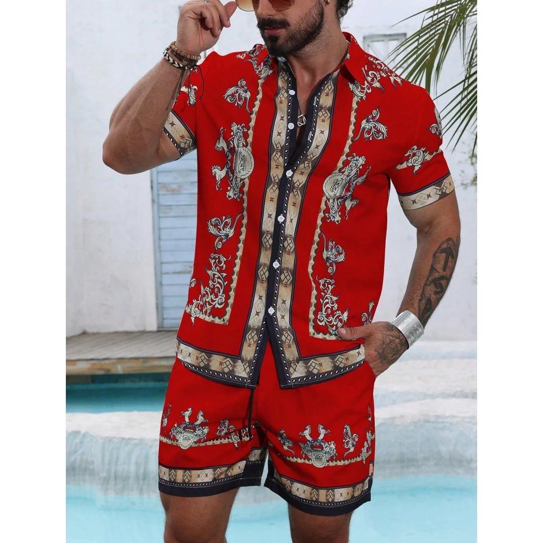 Set Kemeja Bergaris 2025 Kemeja Lengan Pendek Pria Kemeja Lengan Pendek Musim Panas Celana Pendek Pantai Set Jalan Kasual Pria Celana Pendek Kasual Y2K