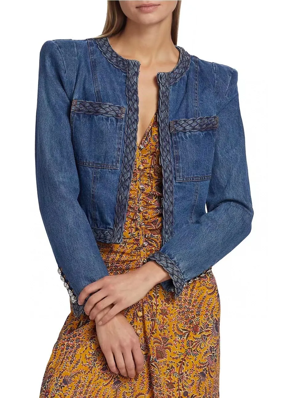 US Original VB Boutique Cotton Blend Braided Trim Demin Crop Jacekt US 6 8 10 12