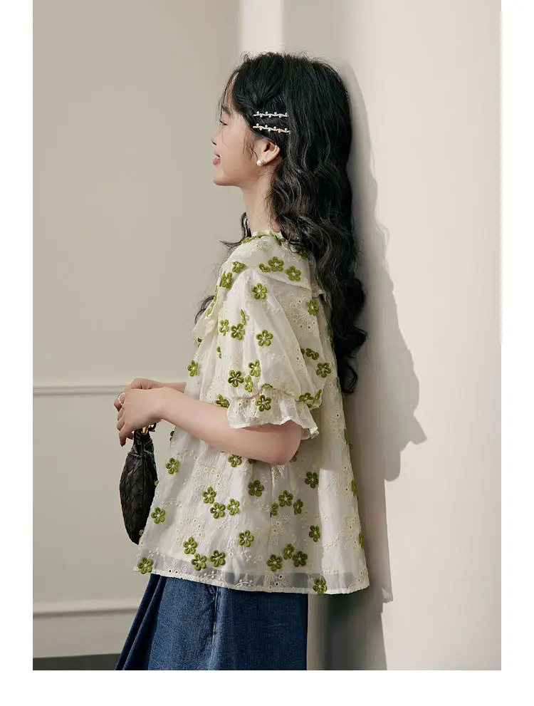 

Korea Puff Sleeve Blouses Women Cropped Floral Bandage Prairie Chic Retro Kawaii Girlish Holiday Tender Princess Summer New