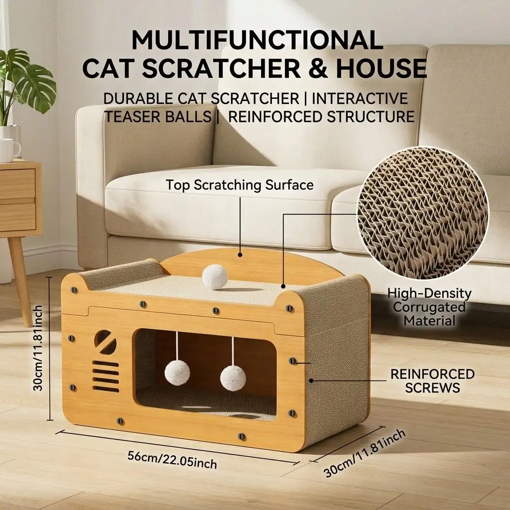 3-In-1 Cat Sofa Bed With Scratching Board, Multifunctional Cat House With Hanging Plush Ball Toy, Corrugated Cardboard Cat Scratcher Hideout For Indoor Kitten Rest & Play