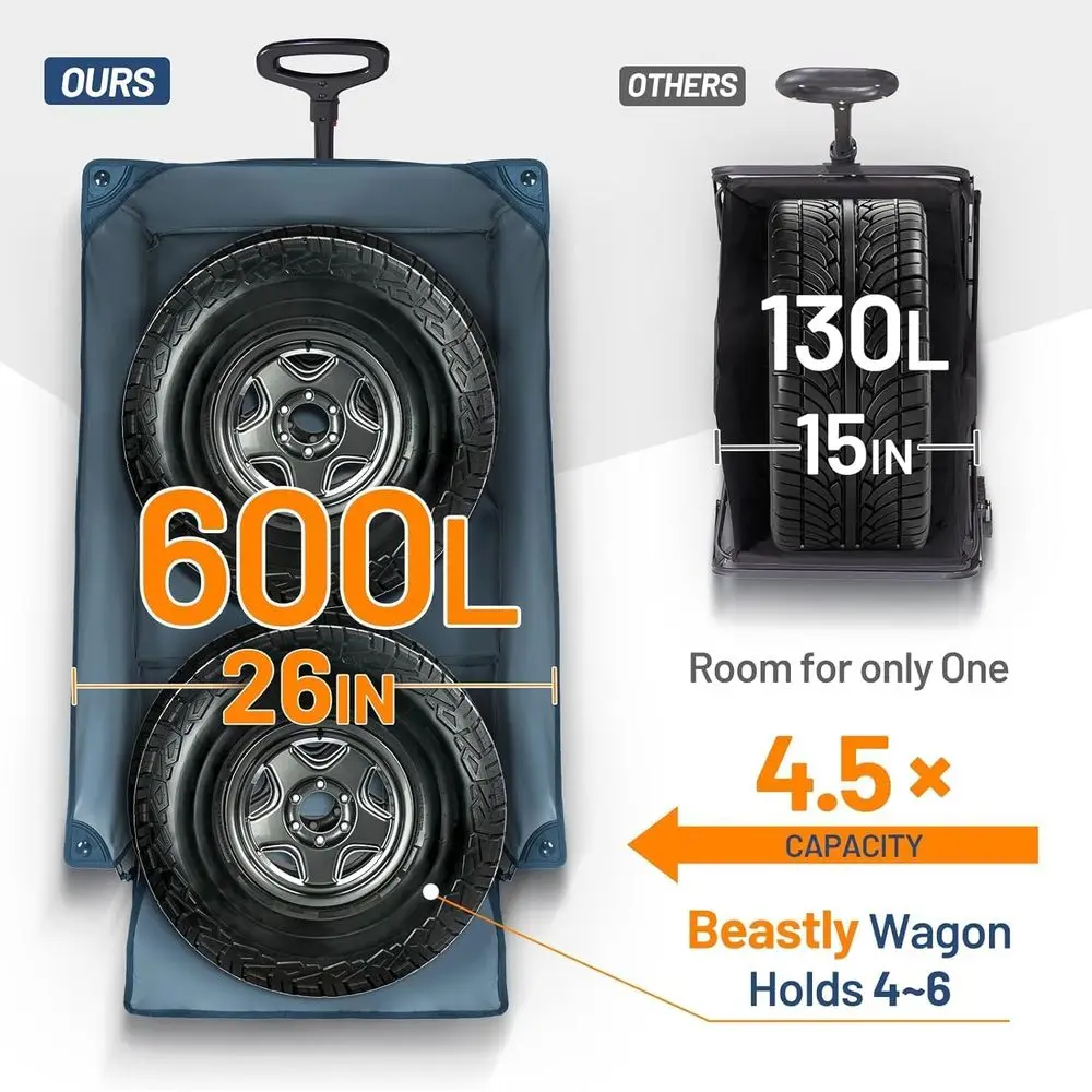 600 لتر Beast Wagon 26 بوصة عرض جدًا لجميع التضاريس قابل للطي مع عجلات كبيرة، شبكة شحن وباب خلفي، 26 بوصة عرضًا و 55.25 بوصة طولًا، 500 رطل شديدة التحمل