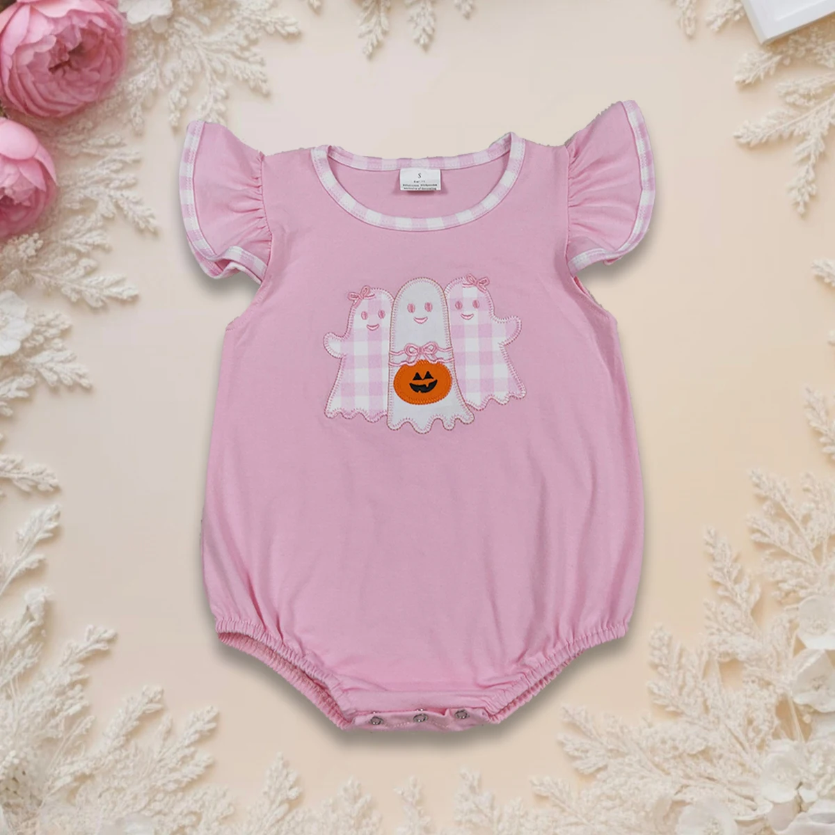 

Hot Sale Baby Girl Halloween Fall Romper Cute Embroidery Ghost Pumpkins Flutter Sleeves Ruffle Jumpsuit Kids Fashion Casual Wear