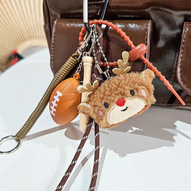 Kawaii Christmas Brown Elk Football Plush Keychain Creative Stuffed Keyring Bag Pendant Car Key Holder Girls Xmas Gifts