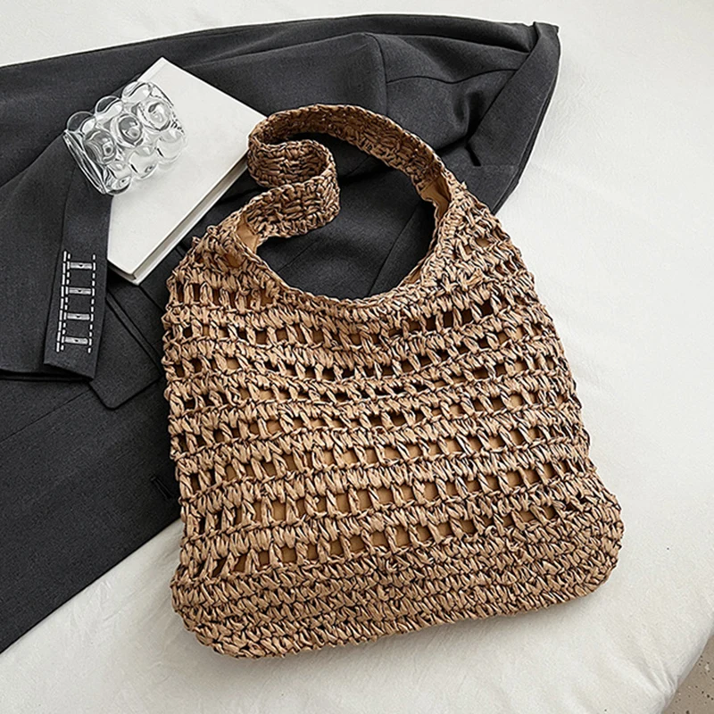 Rattan Crochet Shoulder Bag Summer Women Beach Tote Handbags Vintage Straw Woven Bag