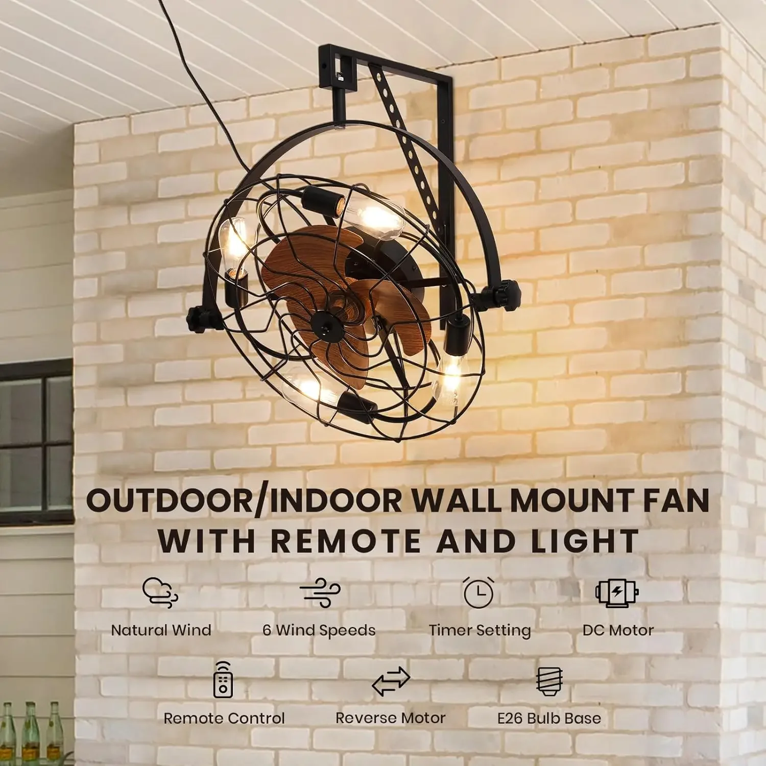 20" Fansconce, 6-Speed Wall Mount Fan,Timable Caged Ceiling Mount Fan with Remote and Light, Industrial Outdoor/Indoor Wall Moun