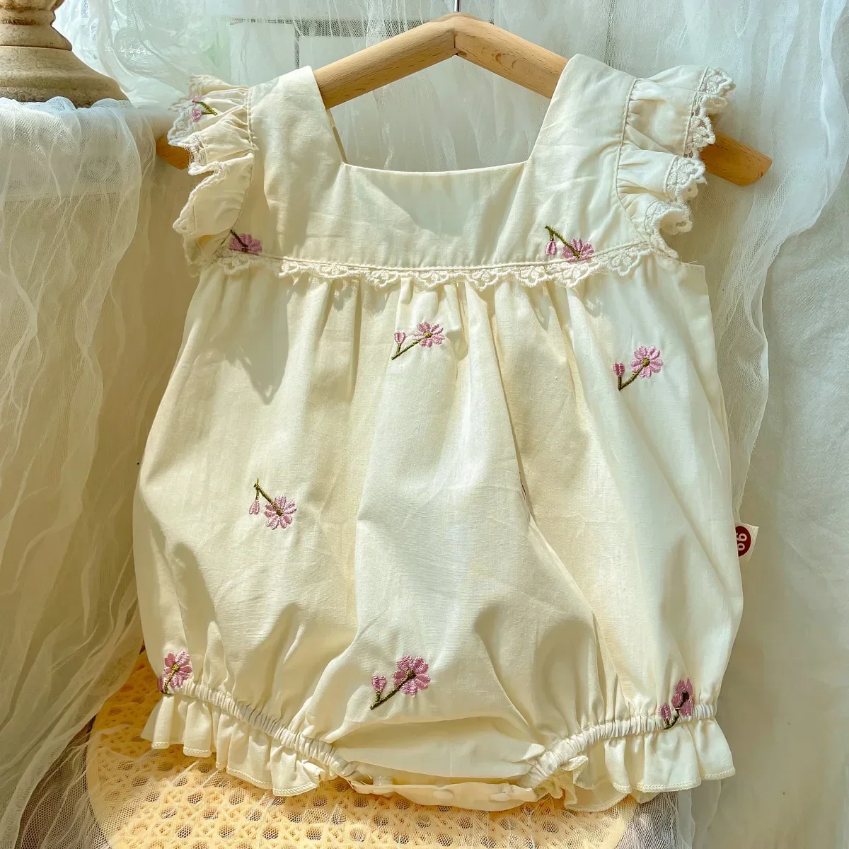 

2024 Summer Adorable Baby Jumpsuits: Lace Square Collar, Embroidered Bodysuit Cotton Flutter Sleeves, Crawling and Playtime