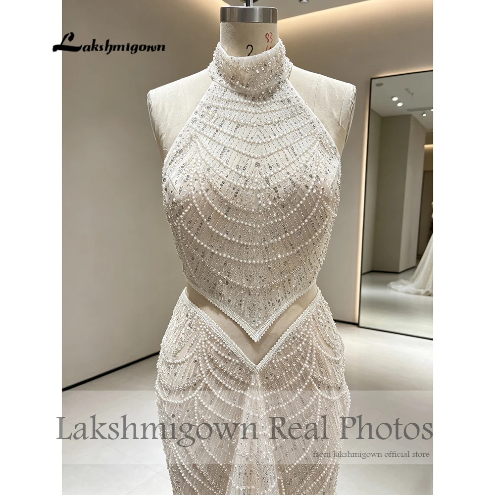 Lakshmigown Neckholder-Meerjungfrauenkleid mit transparenten Details, Blush-farbenes Brautkleid mit Perlen und Pailletten, 2027, echte Fotos, maßgeschneidert. – Detail 7