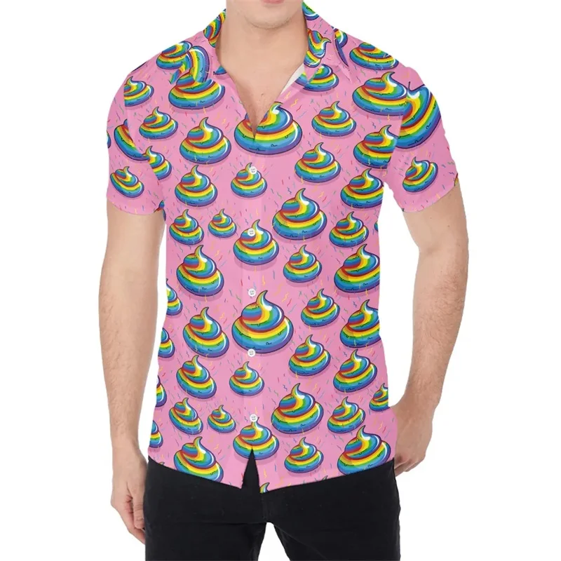 Happy Funny Poop Pattern Print Aloha Shirts For Men Summer Short Sleeve Button Down Beach Shirts Tops Mens Plus Size Blouse