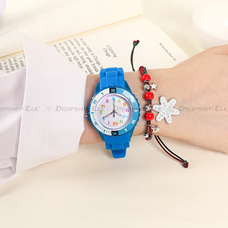 Reloj analógico para niños y niñas, pulsera de cuarzo resistente con números coloridos, banda de silicona suave