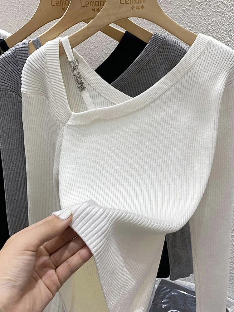 Bottoming Knitted Irregular Women 2023 Spring s Trendy Diamond Letter Slim Fit Cut-out White Black Sweater Top