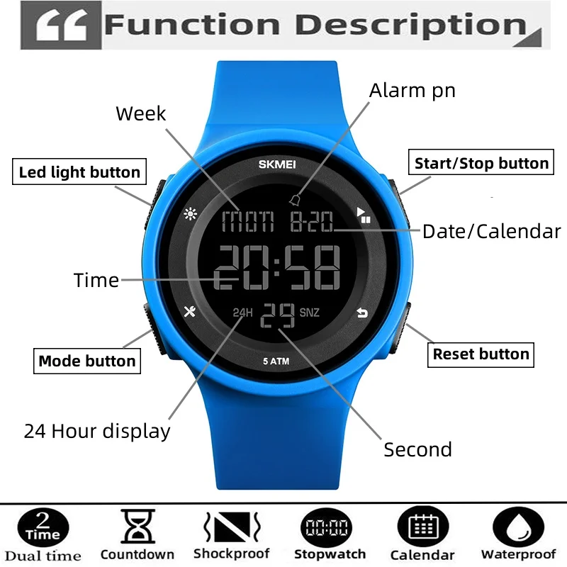 Skmei Women Dual Time Fashion Silicone Strap 50M Waterproof Led Chronograph Digital Sports Watches