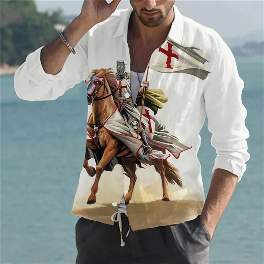 Camisa con estampado 3D de Legion Knight Patriot para hombre, patrón transparente, botón de manga larga para calle al aire libre, diseñador de ropa de algodón