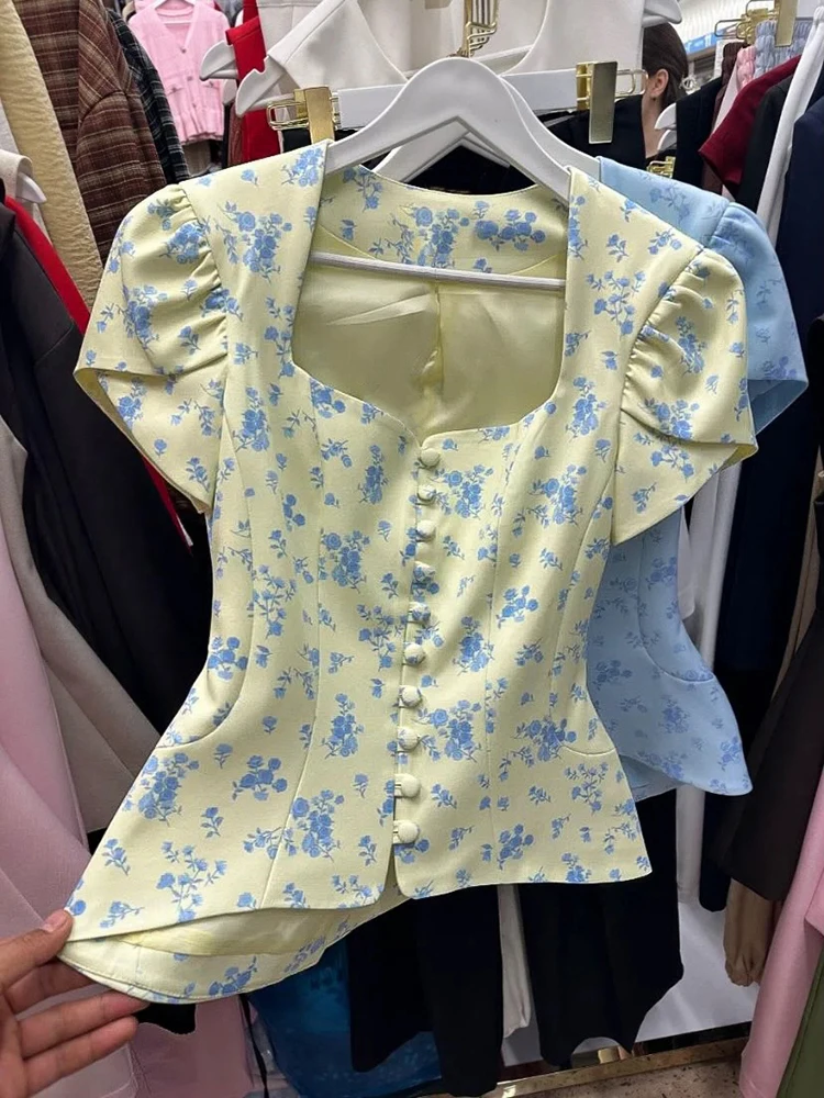 Bedruckte Kurzarm-Dünnmäntel für Damen Süßer Quadratischer Ausschnitt Puffärmel Tailliert Einreihig Schlanke Oberteile Neue Damen-Partykleidung – Detail 11