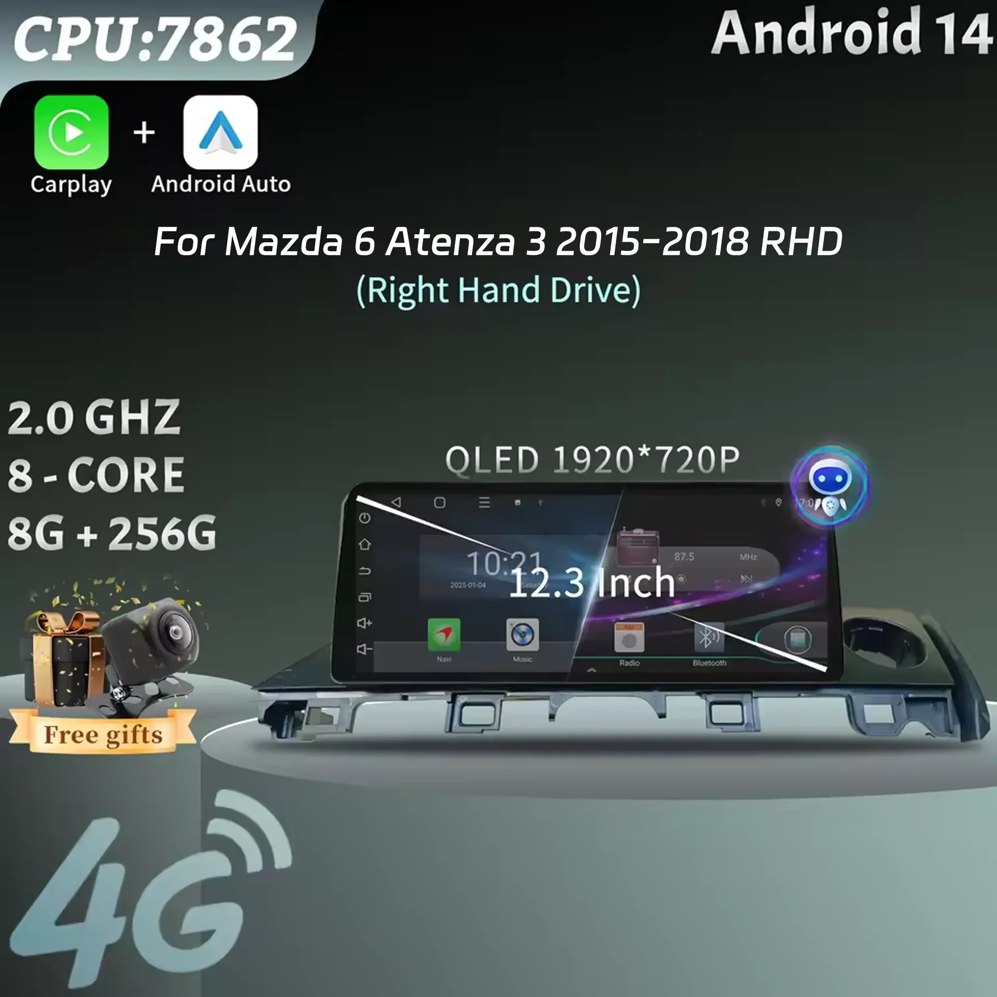 Radio Multimedia para Automóvil de 12.3 Pulgadas para Mazda 6 Atenza 3 2015-2018 con Volante a la Derecha, Carplay Inalámbrico, Multimedia 4G, GPS, Pantalla Táctil Estéreo