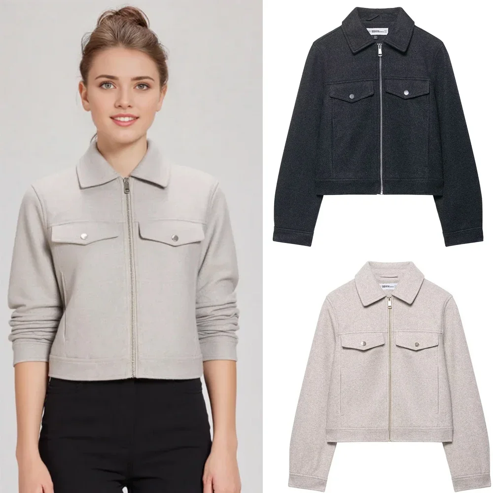 

Зимняя короткая куртка с отложным воротником и молнией на пуговицах, короткая куртка с длинными рукавами, осенняя укороченная куртка с длинными рукавами для женщин, элегантная верхняя одежда