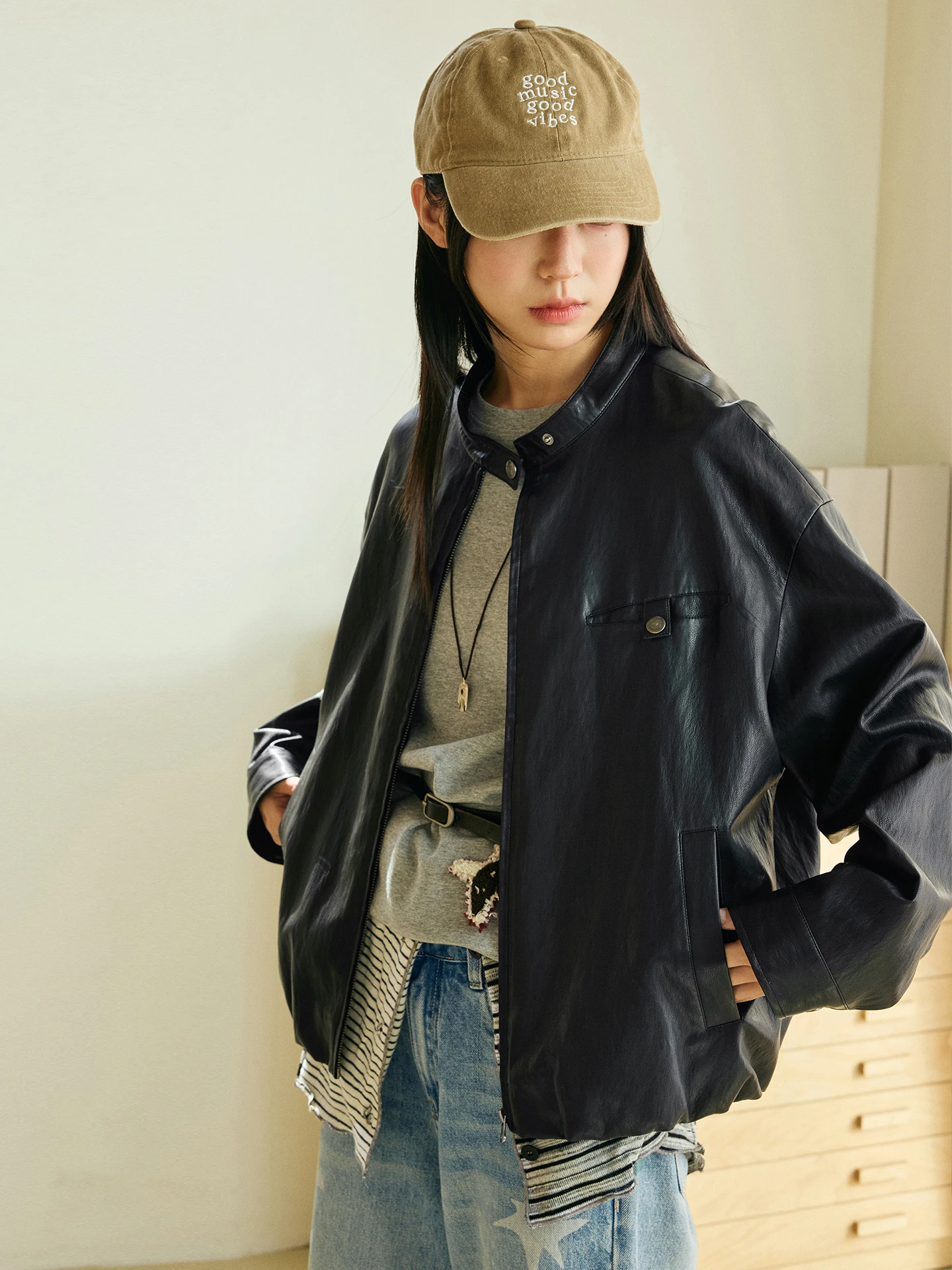 Octopusme Protein Leather Jaet Retro Stand Collar ort Outerwear for Women Commute Sle Zipper Straight Tube ape