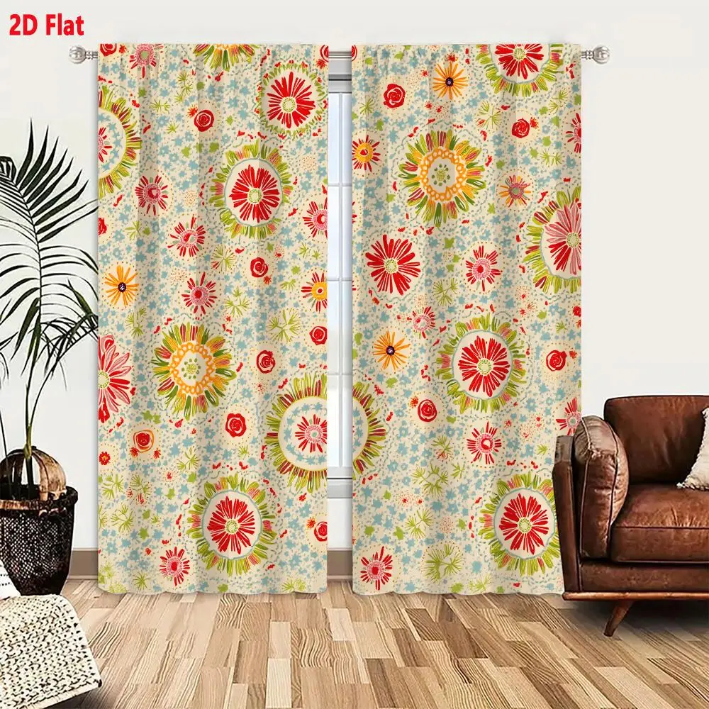 2Pcs Curtains 2D Flat Retro Vintage Floral Pattern Light Cream Background With Red Yellow Orange Green Blue Flowers And Leaves W