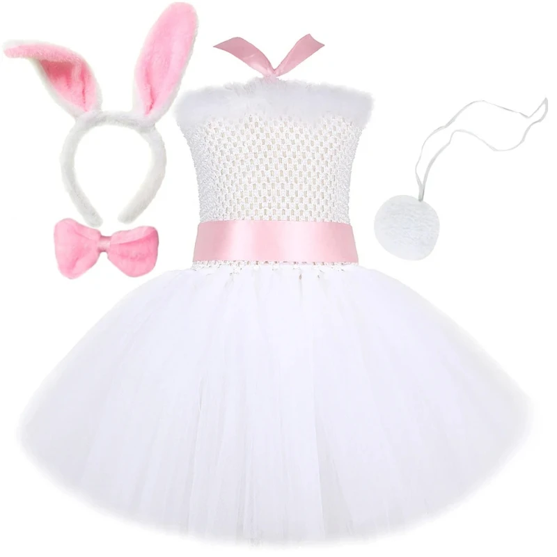 White Bunny Clothes for Baby Girls, Kids' Halloween Bunny Outfit, Themed Performance Dress for Girls on Easter Holidays