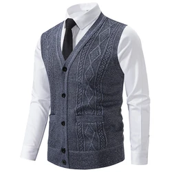 Autumn Winter Warm Slim Fit Knit Vests Men V-Neck Solid Color Smart Casual Knitted Waistcoat Mens Geometric Sleeveless Knit Vest