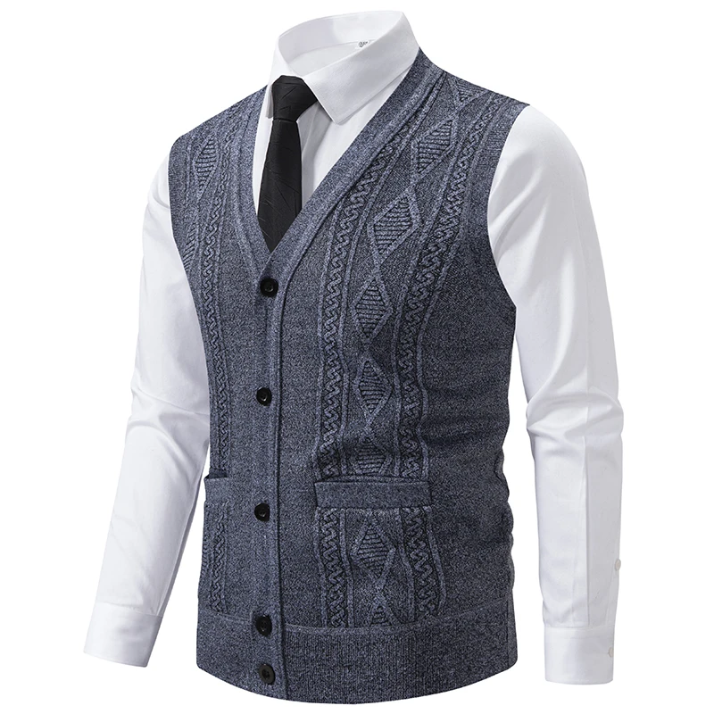 Jesień Zima Ciepłe kamizelki z dzianiny Slim Fit Mężczyźni V-Neck Jednolity kolor Inteligentna kamizelka z dzianiny Męska geometryczna kamizelka z dzianiny bez rękawów
