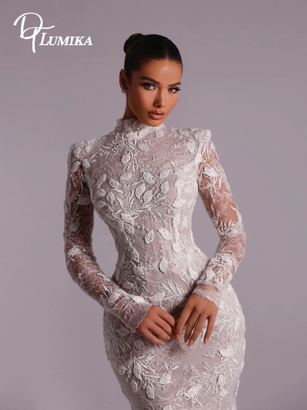 Luxury High Neck Mermaid Wedding Dress Long Sheer Lace Sleeves Intricate Floral Embroidery Fitted Silhouette Vestidos De Novia