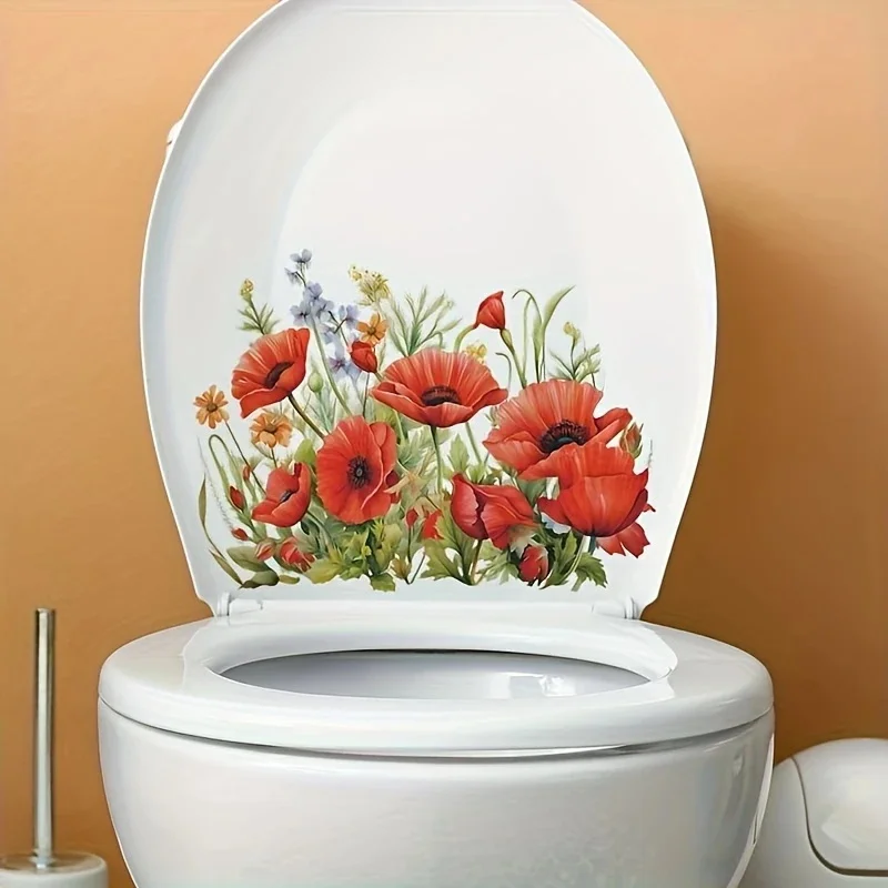 MT1388# Floral Toilet Decal - Plastic, Non-Electric, Red Poppy Bathroom Decoration, Self-Adhesive Toilet Lid Cover Sticker, Home