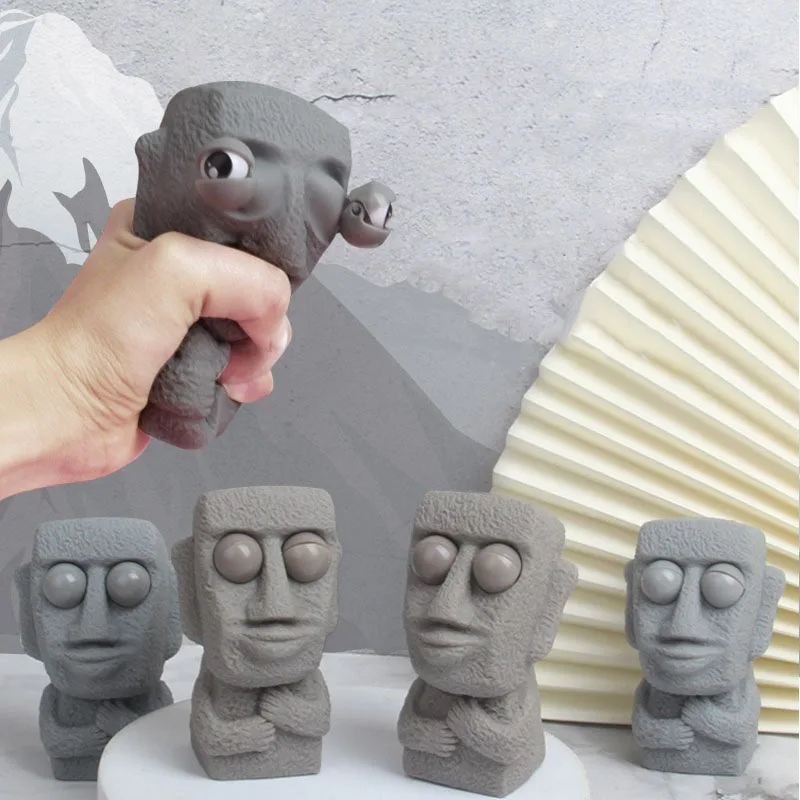 Stone Man Releases Stress Toy Slowly Rebounds Soft Moai Statue Squeeze Eyes Interested Expression Relaxes Stress Children's Gift