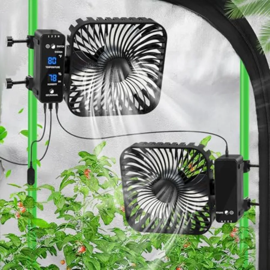 

6 Grow Tent Fan with Temp Humidity Display Auto Temp Humidity Control 4 Speeds 90 Oscillation 2-Pack