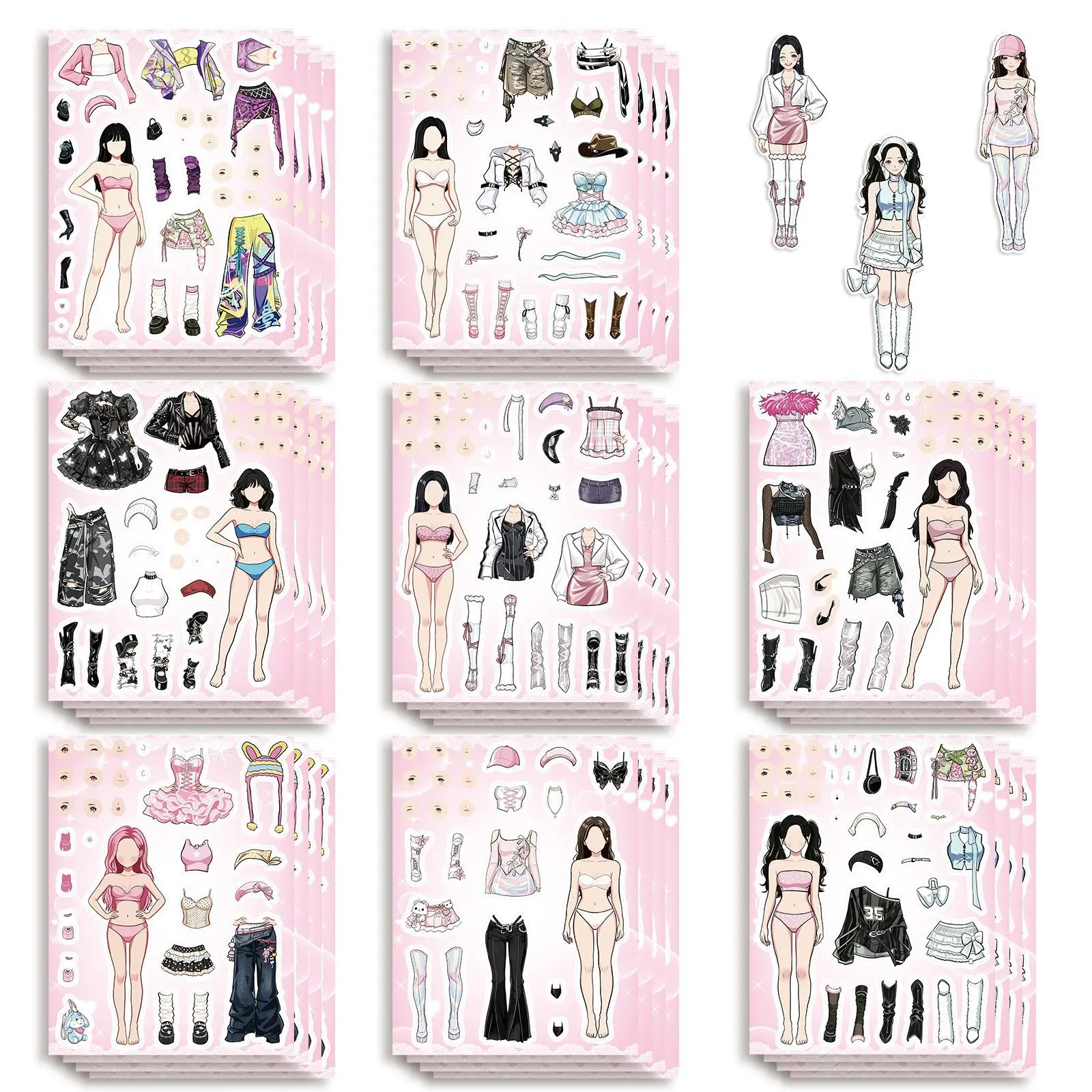 8Pcs Pop Girl Dress-Up Sticker Mix Match Game Cartoon Puzzle Stickers for Journal Skateboard Helmet Reward DIY Decor Decals
