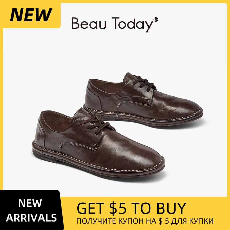 BEAUTODAY Classic Oxfords Women Genuine Horse Leather Solid Color Round Toe Lace-up Ladies Flat Shoes Handmade 21381