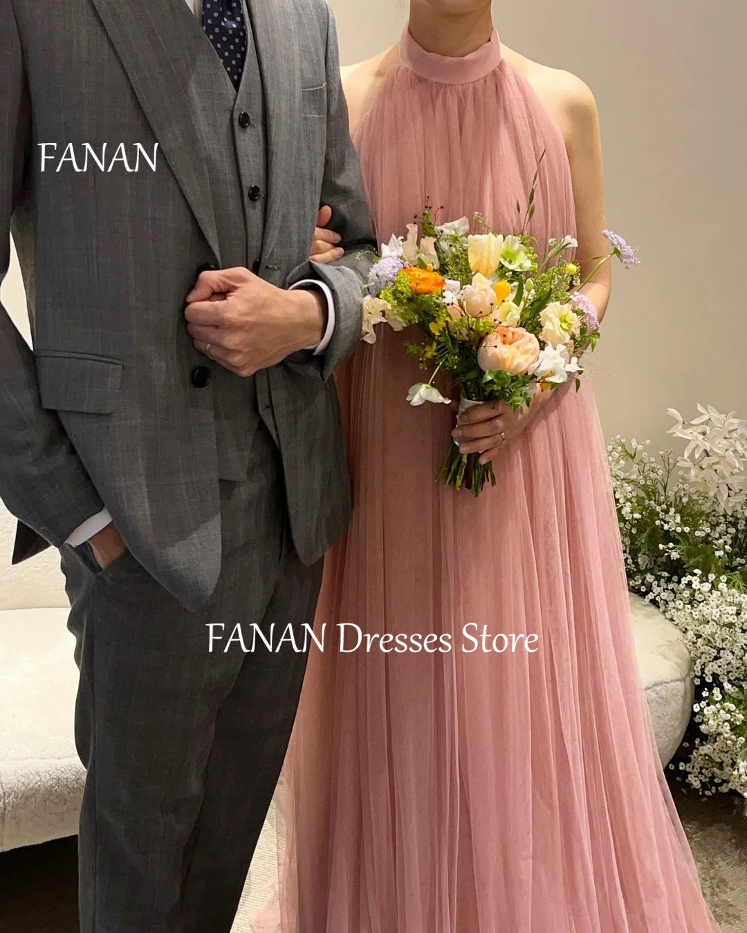 FANAN High Neck Pink Evening Party Dresses Korea Tulle Sexy Customized  Elegant Wedding Women Formal Gowns Event Prom Gowns