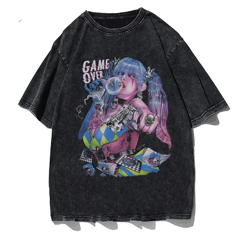 Hip Hop Graphic Tops Gun Girl Vintage Printed T Shirt 2023 Summer Men Women Washed Cotton Streetwear T-Shirt Short Sleeve