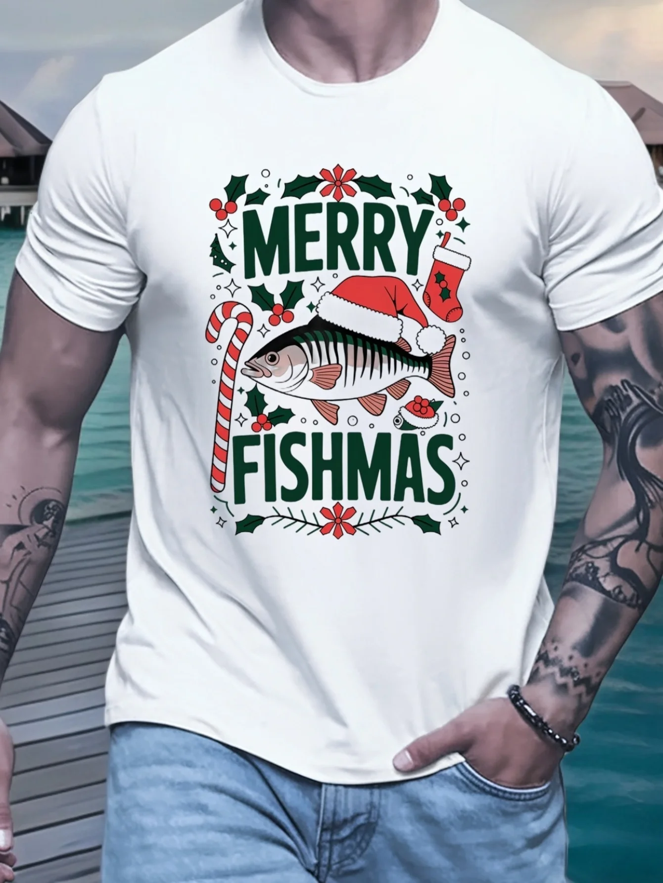 

[Merry Fishmas Casual Crew Tee] Men'S Christmas Merry Fishmas Graphic T-Shirt, Casual Crew Neck Polyester Tee