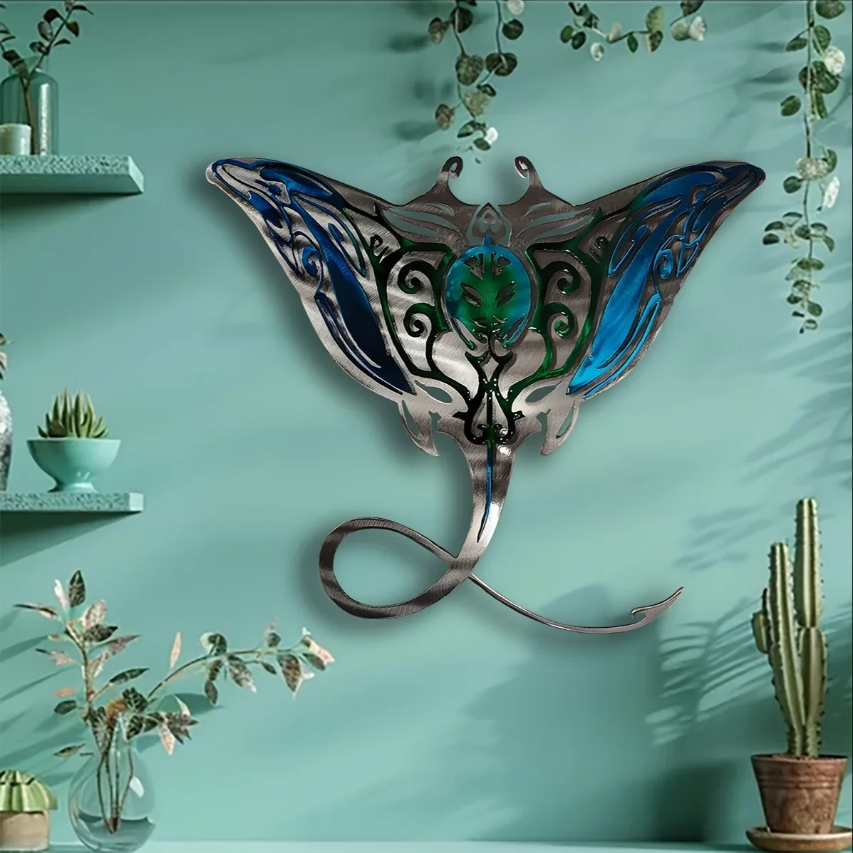 1pc 3D Wall Sculpture - Dynamic Manta Ray Metal Art with Rust-Resistant Coating - Nautical Themed Gift for Marine Lovers