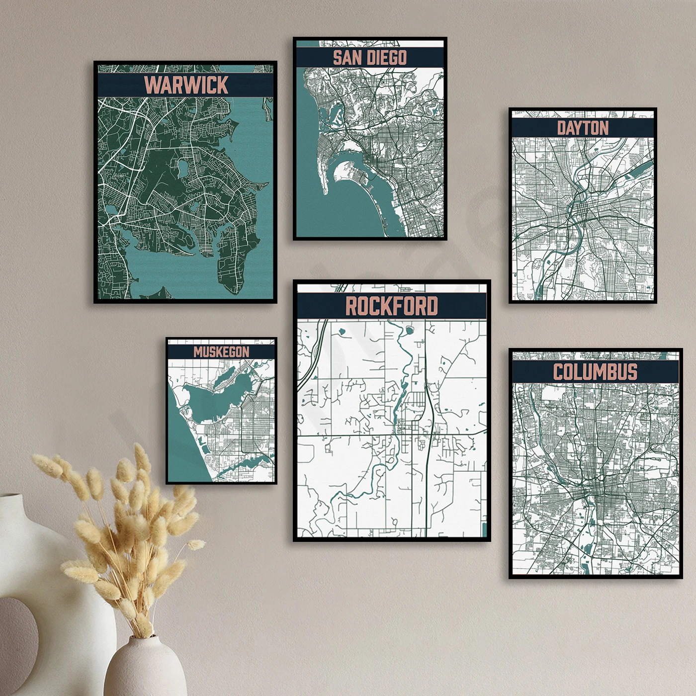 Rockford Ann Arbor Muskegon Columbus Dayton Santa Barbara Los Angeles Newport San Diego Warwick. City Travel Map Poster