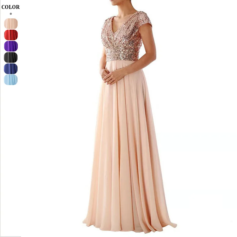 

New Spring/Summer Sleeveless Dress V-Neck Sequined Chiffon Patchwork Evening Gown