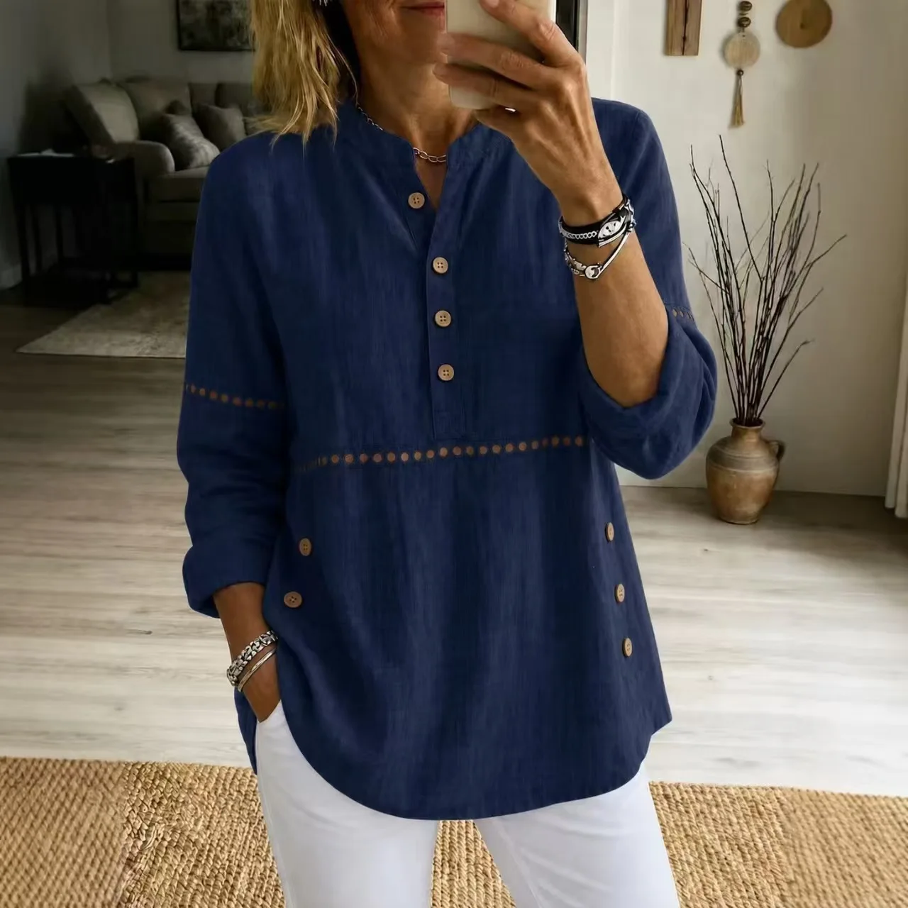 2026 Fall/winter New Women's Stand Necklace Half-button Long Sleeve Top With Side Buttons, Loose Random Solid Color Prom Sexy