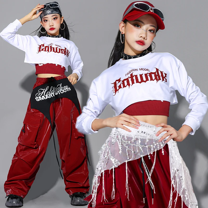 ジャズダンス服女の子 Kpop ステージ衣装赤ヒップホップズボン学校パフォーマンスショー衣装子供ストリートダンスウェア AMY2786