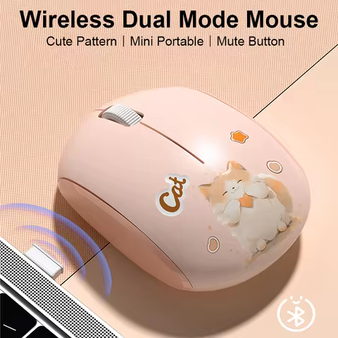 Dual Mode Wireless Cute Kitten Pattern Mouse 1600DPI 2.4G Bluetooth Mute Pink Optical Ergonomic Computer Mice For Laptop PC