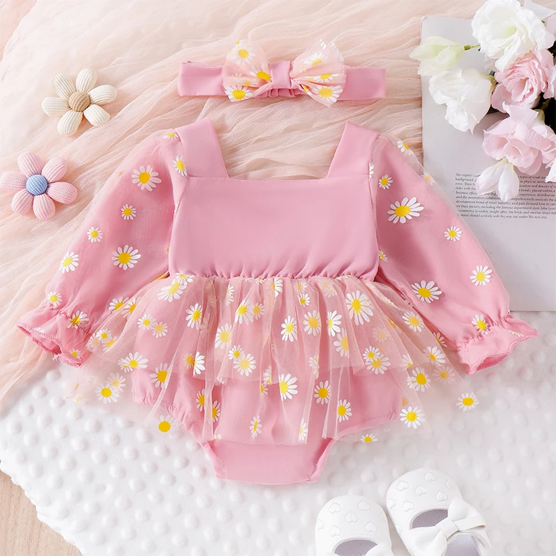 Suefunskry Baby Girl 1st Birthday Romper Dress Daisy Print Long Sleeve Sweetheart Neck Tulle Jumpsuit with Headband