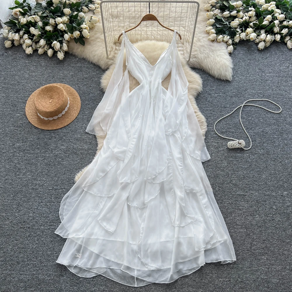 

vintage Elegant sleeveless V-neck ruffle Dress Chic Vestidos Women Fashion Retro ceremony dresses