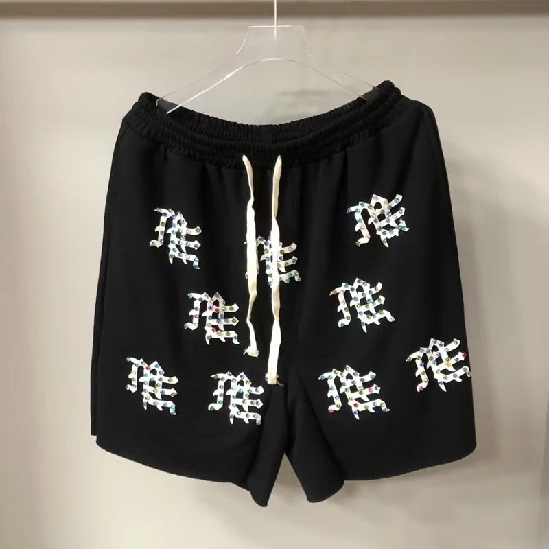 

Черные смешанные эмоции, красочные шорты со стразами и вышивкой, короткие брюки для мужчин и женщин, повседневные свободные прямые шорты на шнурке