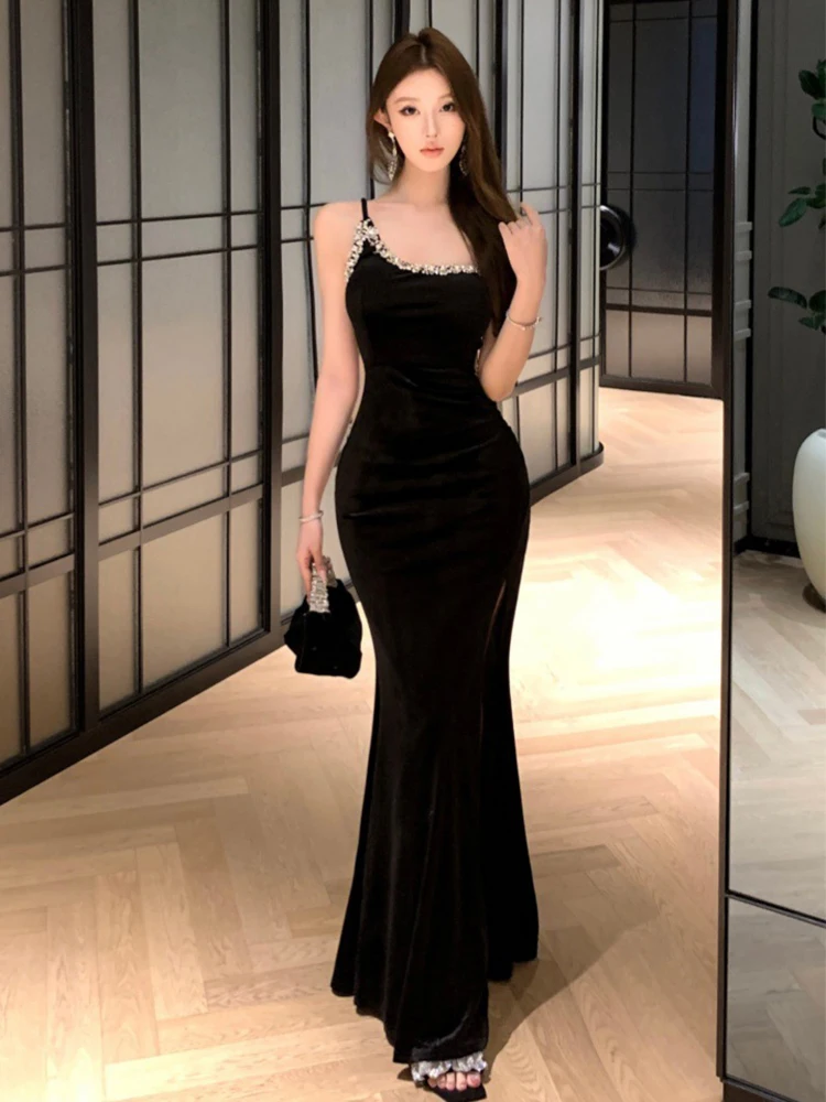 Frauen Kleidung Schwarz Samt Sexy Off-Schulter Dünne Abendkleid Elegante Luxus Dame Party Club Prom Vestido Weihnachten Robe neue