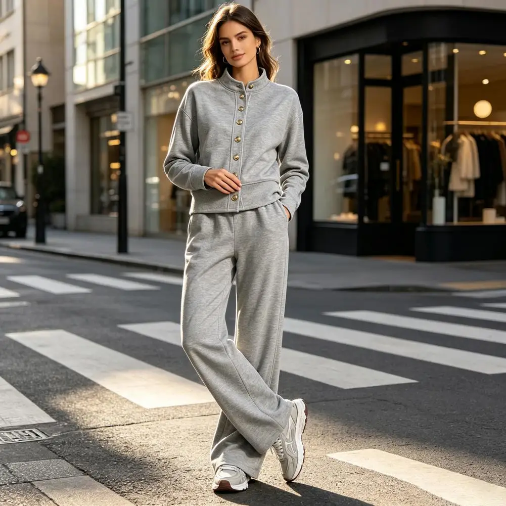 Cropped Top Trouser Set Women Solid Cardigan Set Stand Collar Single Metal Button Short Sweater High Draped Wide Leg for Women