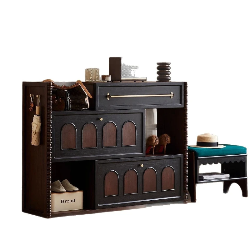 

Retro solid wood home shoe cabinet integrated at the door of the home against the wall shoe cabinet