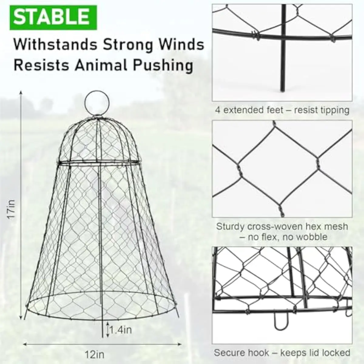 Garden Plant Cloches 12 pcs – Heavy-Duty Galvanized Steel Wire Cages with Detachable Lids – Hexagonal Mesh Barrier Against Rabbi